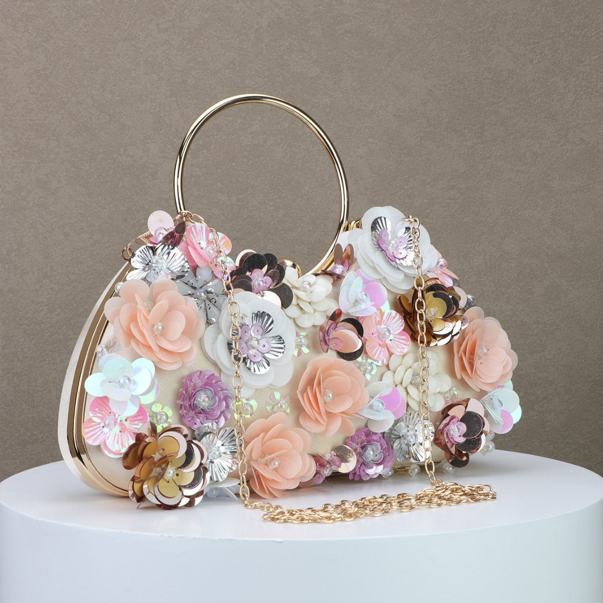 Pink Three-Dimensional Flower Evening Clutch with Mini Ring Detail
