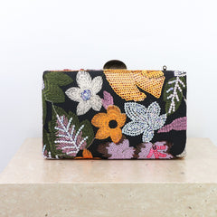 Elegant Purple Floral Sequin Evening Bag – Gold Chain Clutch for Women