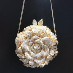 Diamond Dinner Bag – European and American Flower Cosmetic Bag, Small Round Banquet Handbag with Chain