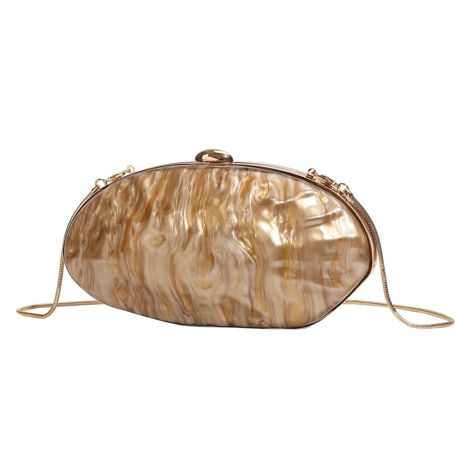 Elegant Pearl White Oval Evening Clutch – Gold Chain Shoulder Bag for Women