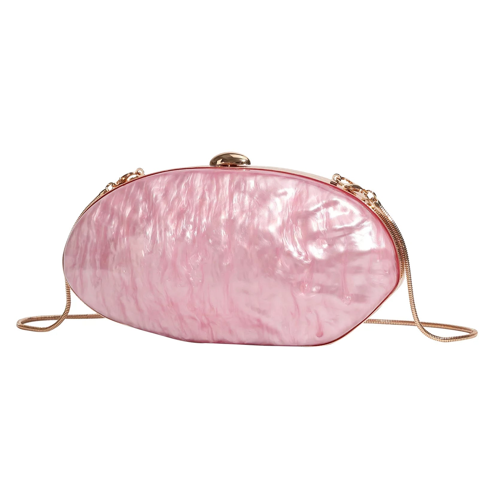 Elegant Pearl White Oval Evening Clutch – Gold Chain Shoulder Bag for Women