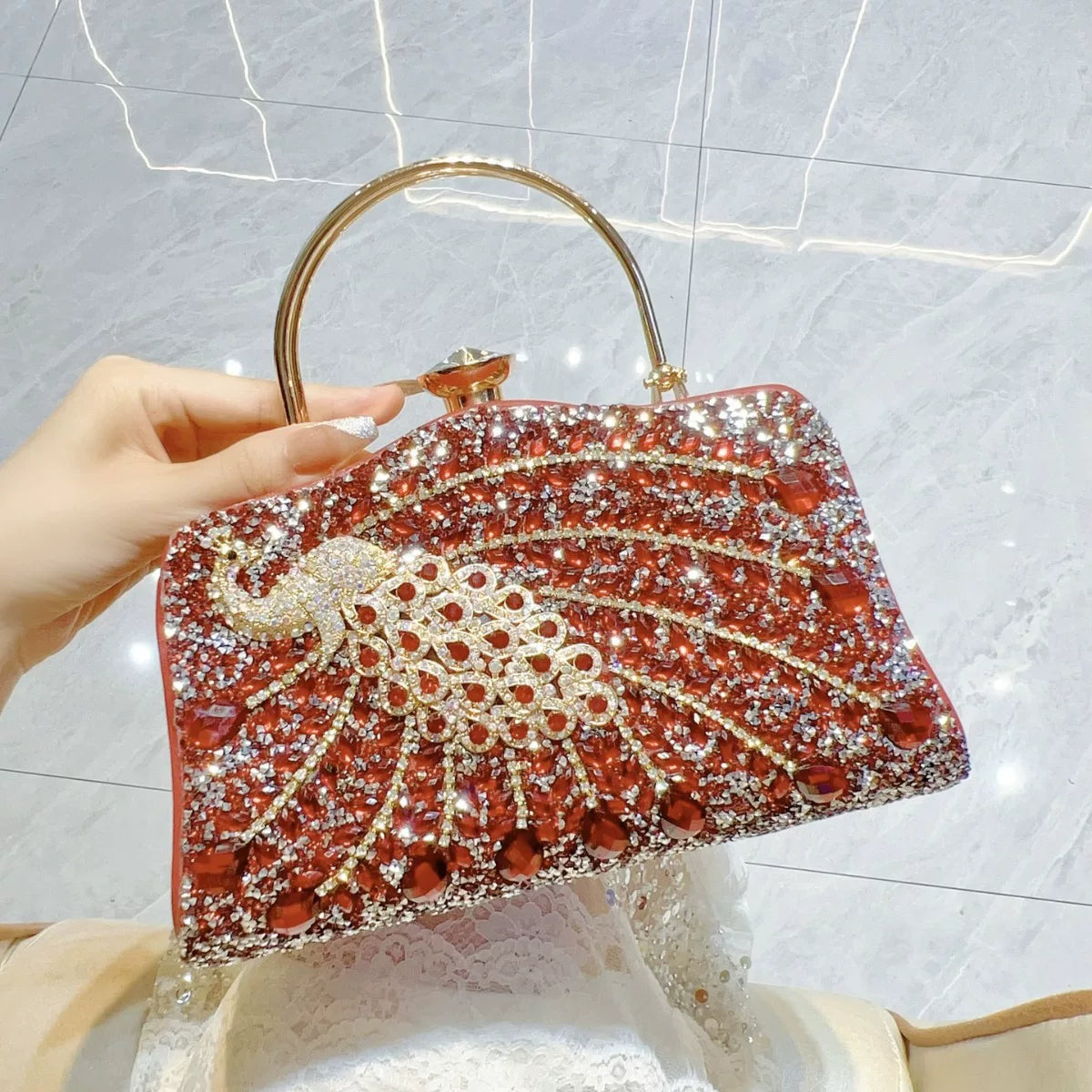 Peacock Rhinestone Evening Handbag for Women – Top Handle and Chain Strap Formal Clutch