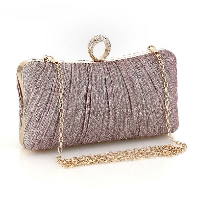 Elegant Pleated Glitter Evening Clutch – Ring Handle Formal Party Bag for Women (Multiple Colors)