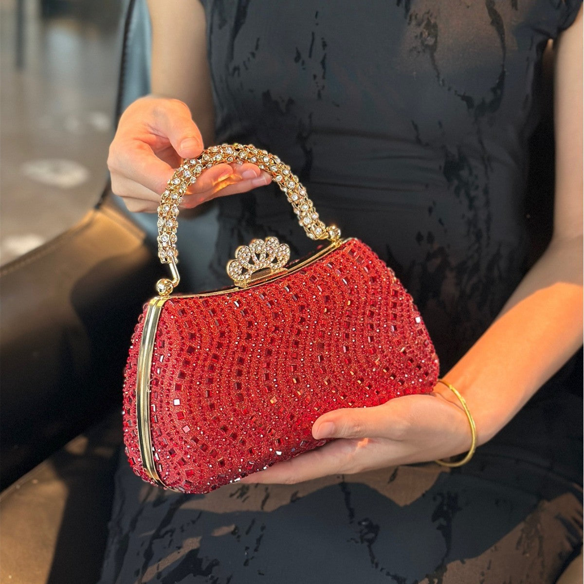 Elegant Pearl and Rhinestone Evening Bag – Beaded Handbag with Crown Handle for Women