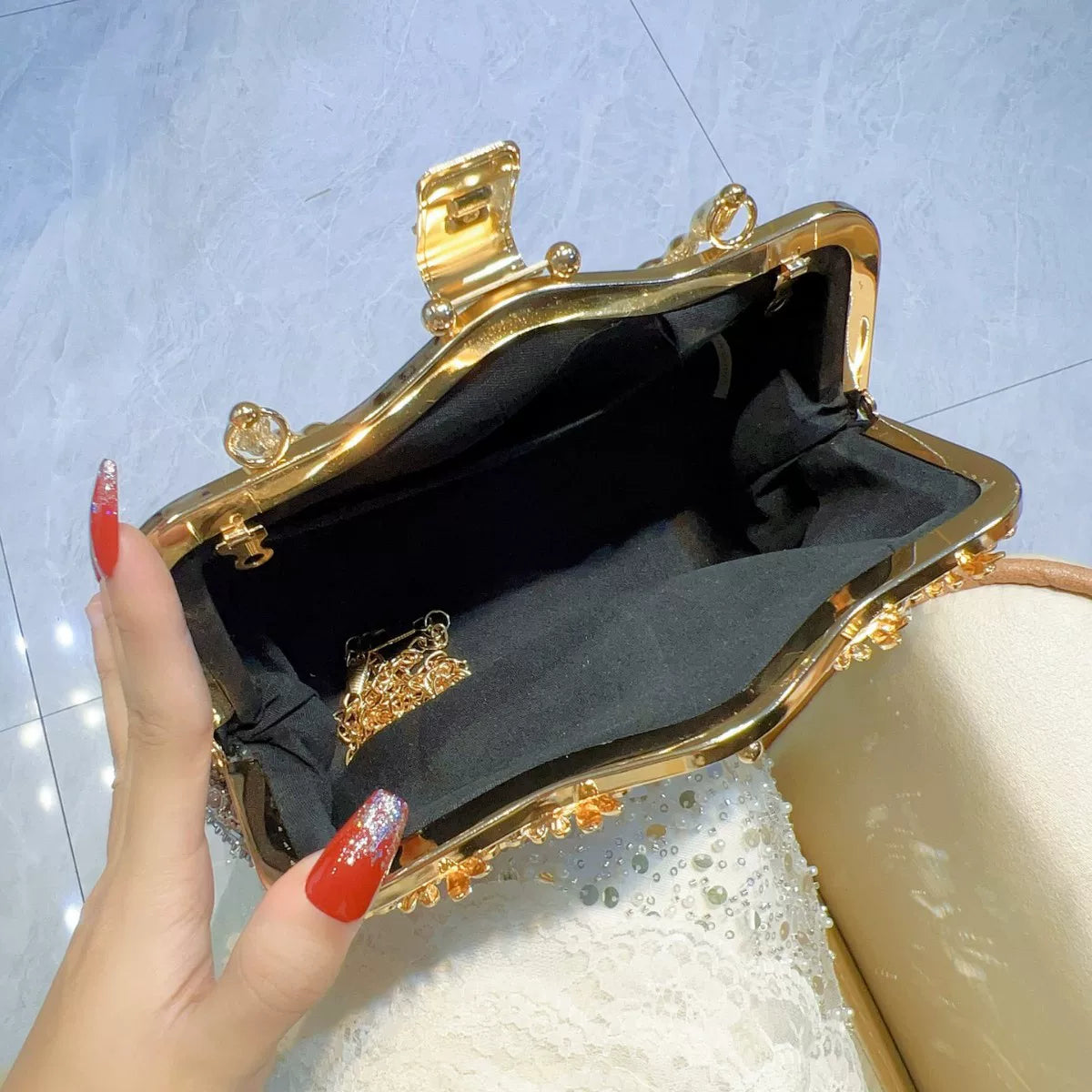 Rhinestone Evening Handbag for Women – Top Handle and Chain Strap Formal Clutch