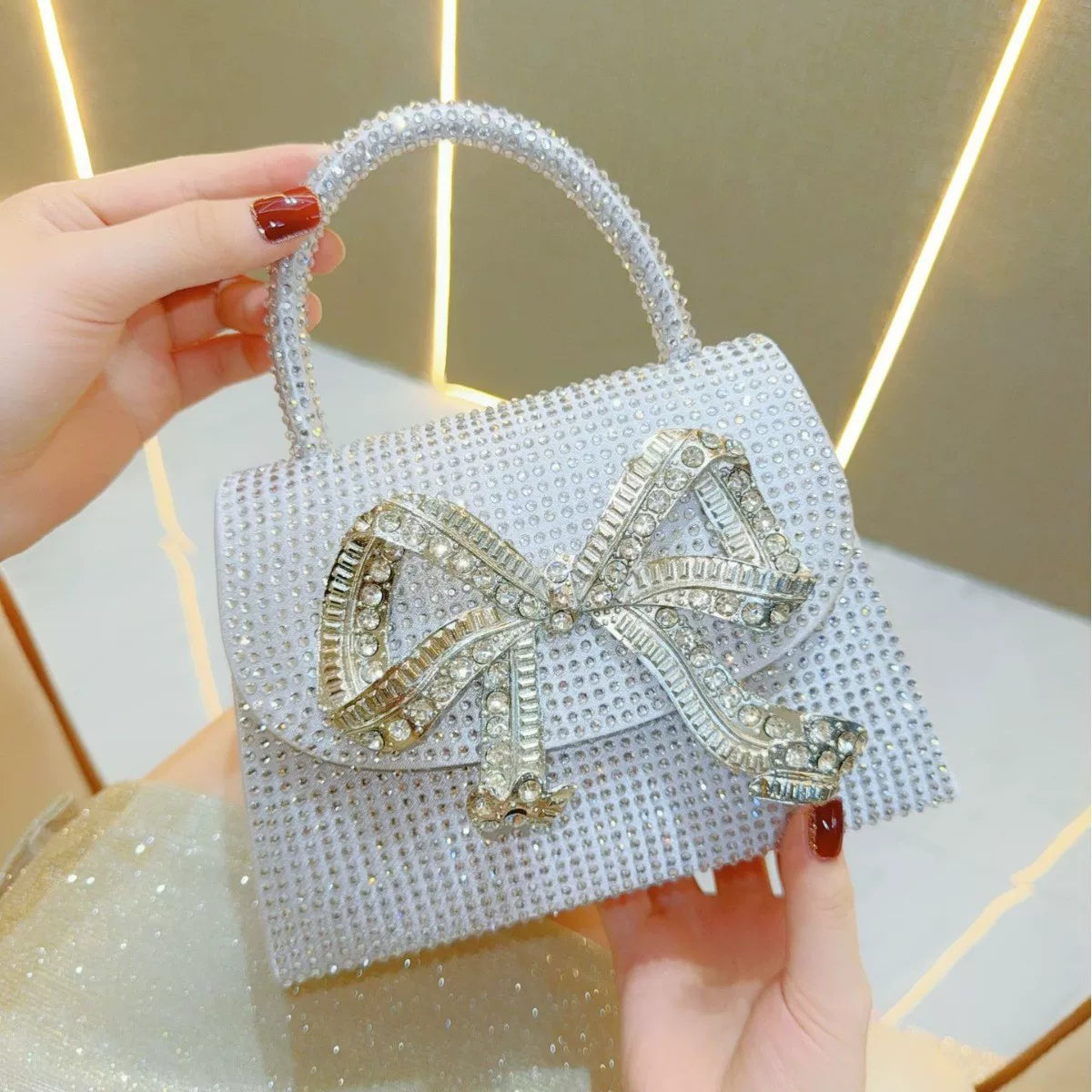 Rhinestone Bow Evening Bag for Women – Chain Strap Shoulder & Crossbody Handbag