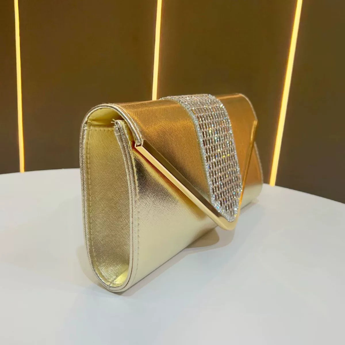 Elegant Gold Metallic Clutch – Rhinestone Detail Evening Bag for Women