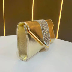 Elegant Gold Metallic Clutch – Rhinestone Detail Evening Bag for Women