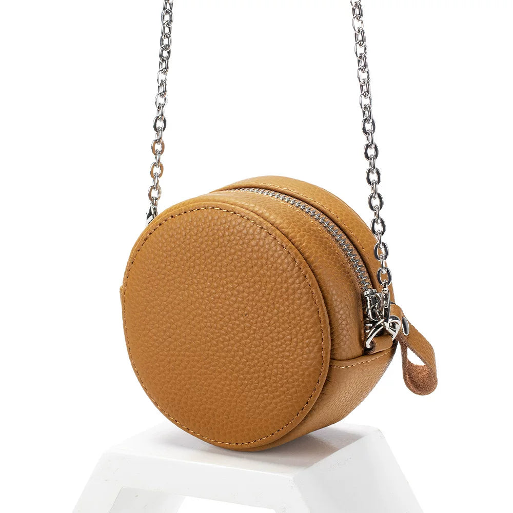 New Genuine Leather Round Mini Chain Shoulder Crossbody Bag – Women’s First Layer Cowhide Portable Powder Storage Bag