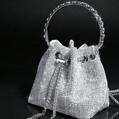 Silver Rhinestone Drawstring Evening Bag – Metallic Chain Handle Clutch for Women