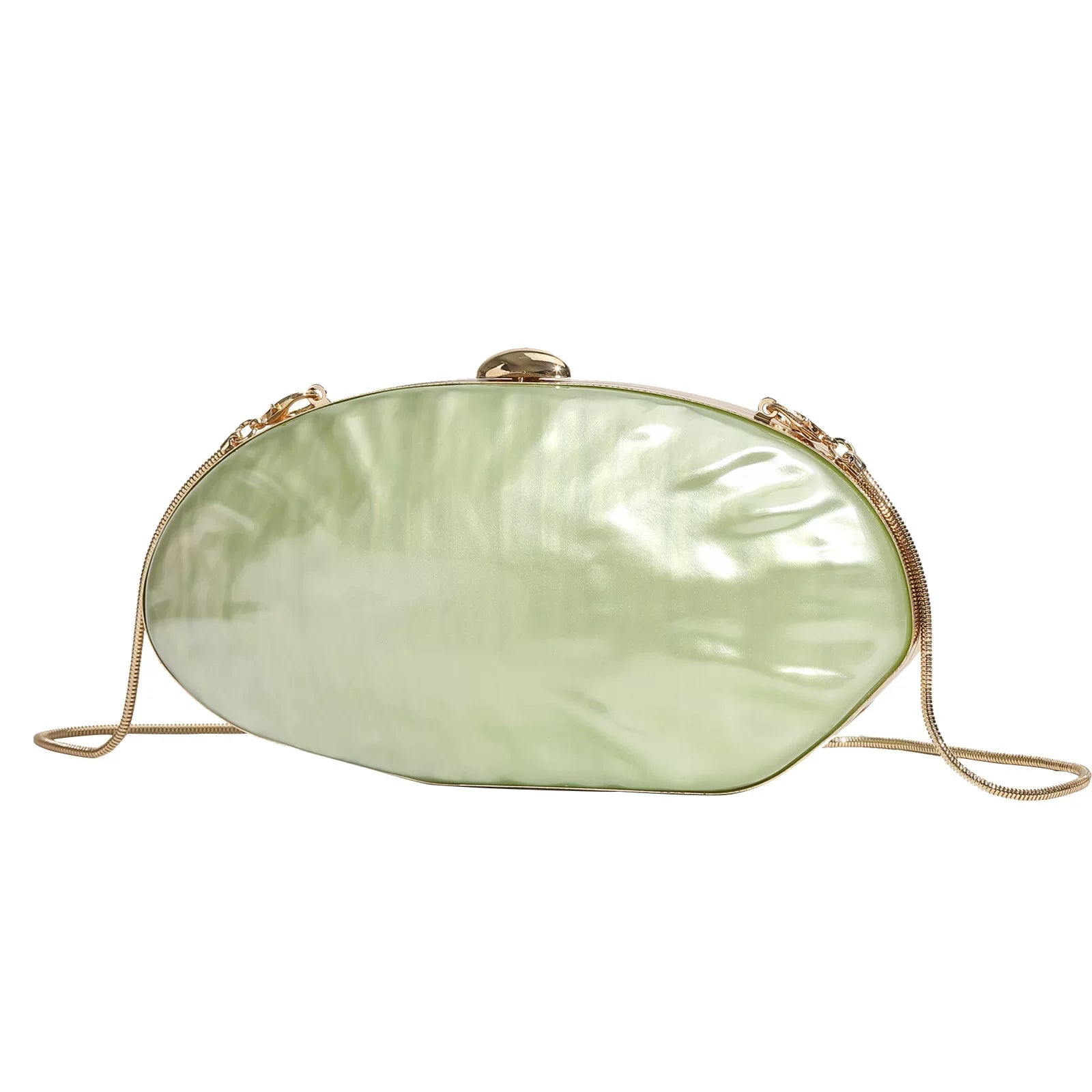 Elegant Pearl White Oval Evening Clutch – Gold Chain Shoulder Bag for Women