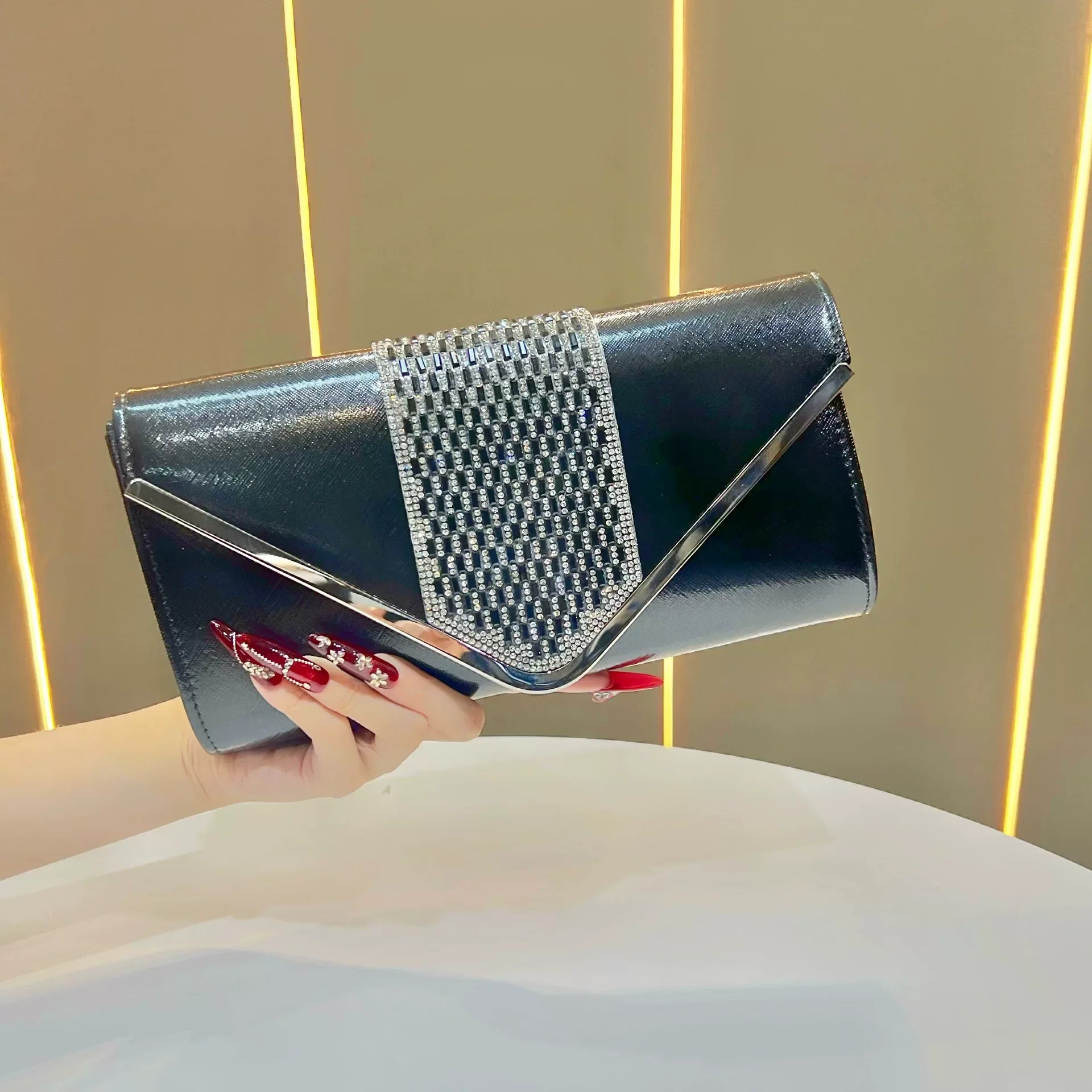 Elegant Gold Metallic Clutch – Rhinestone Detail Evening Bag for Women