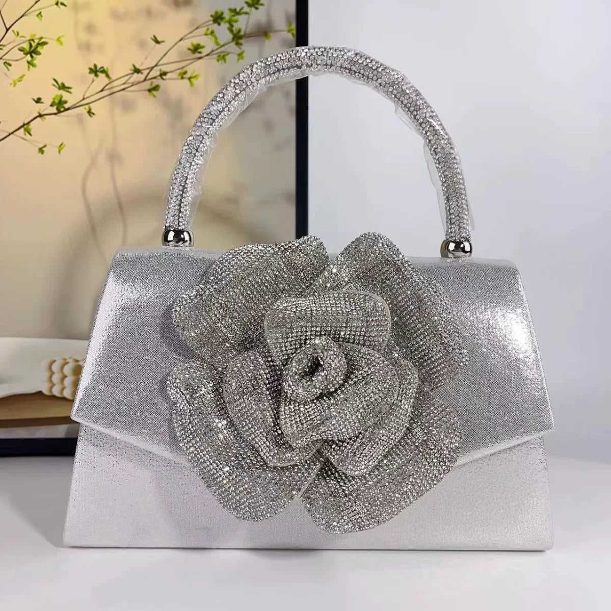 European and American Style Diamond Rose Handbag - Elegant Evening Bag with Crystal Detailing