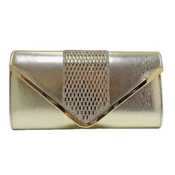 Elegant Gold Metallic Clutch – Rhinestone Detail Evening Bag for Women