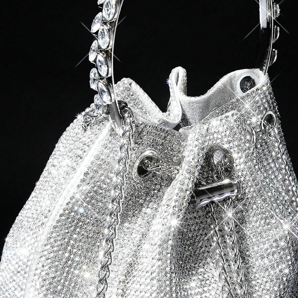Silver Rhinestone Drawstring Evening Bag – Metallic Chain Handle Clutch for Women