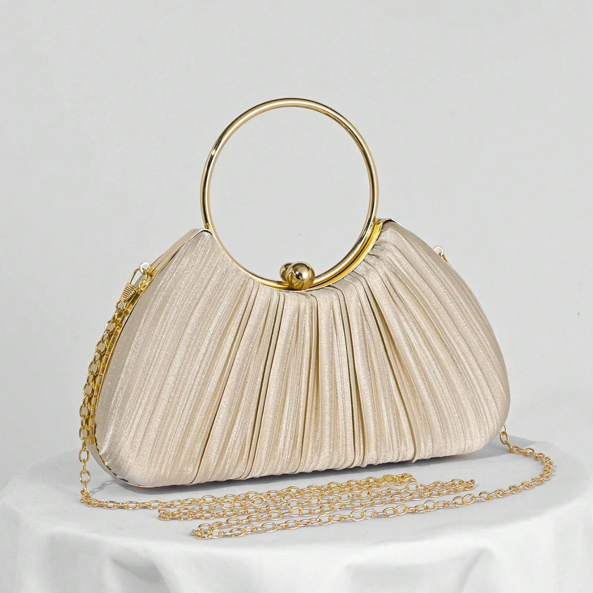 Elegant Pleated Evening Bag – Gold Ring Handle Clutch for Women