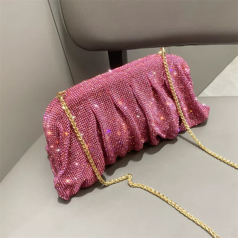 Women's Rhinestone Pleated Evening Bag – One-Shoulder, Crossbody Shiny Clutch for Formal Events