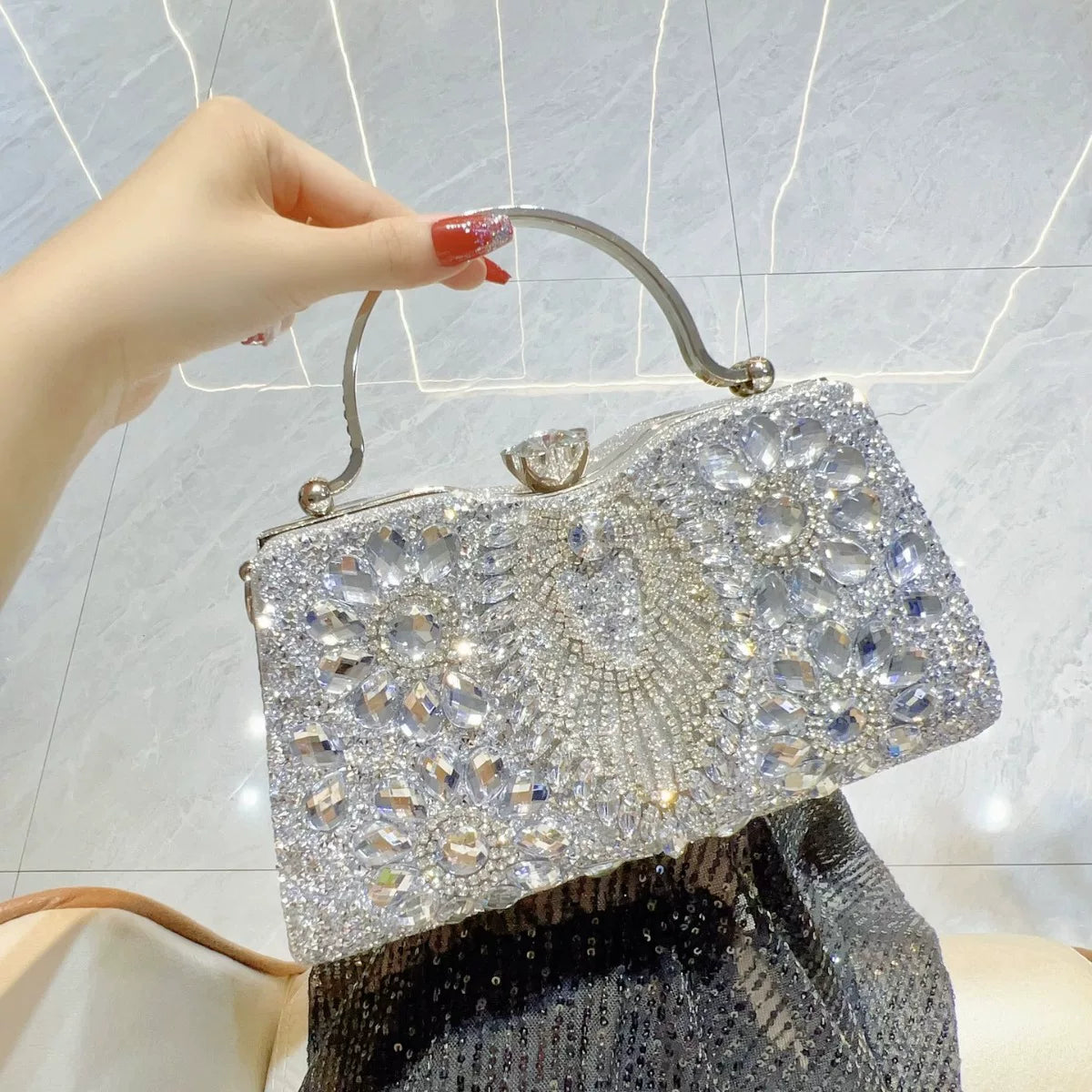 Gold Rhinestone Evening Clutch for Women – Crystal Floral Formal Wedding Handbag