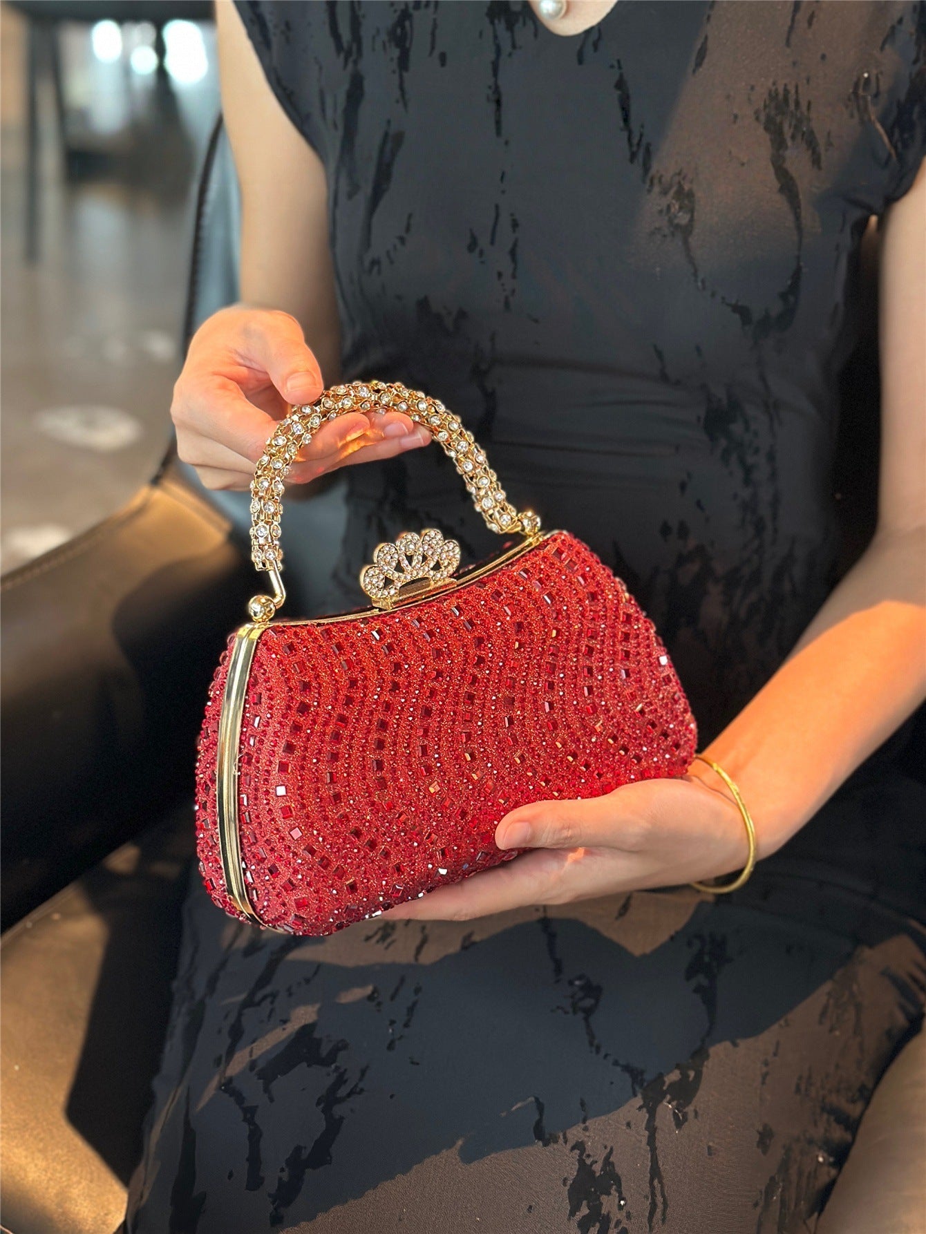 Elegant Pearl and Rhinestone Evening Bag – Beaded Handbag with Crown Handle for Women