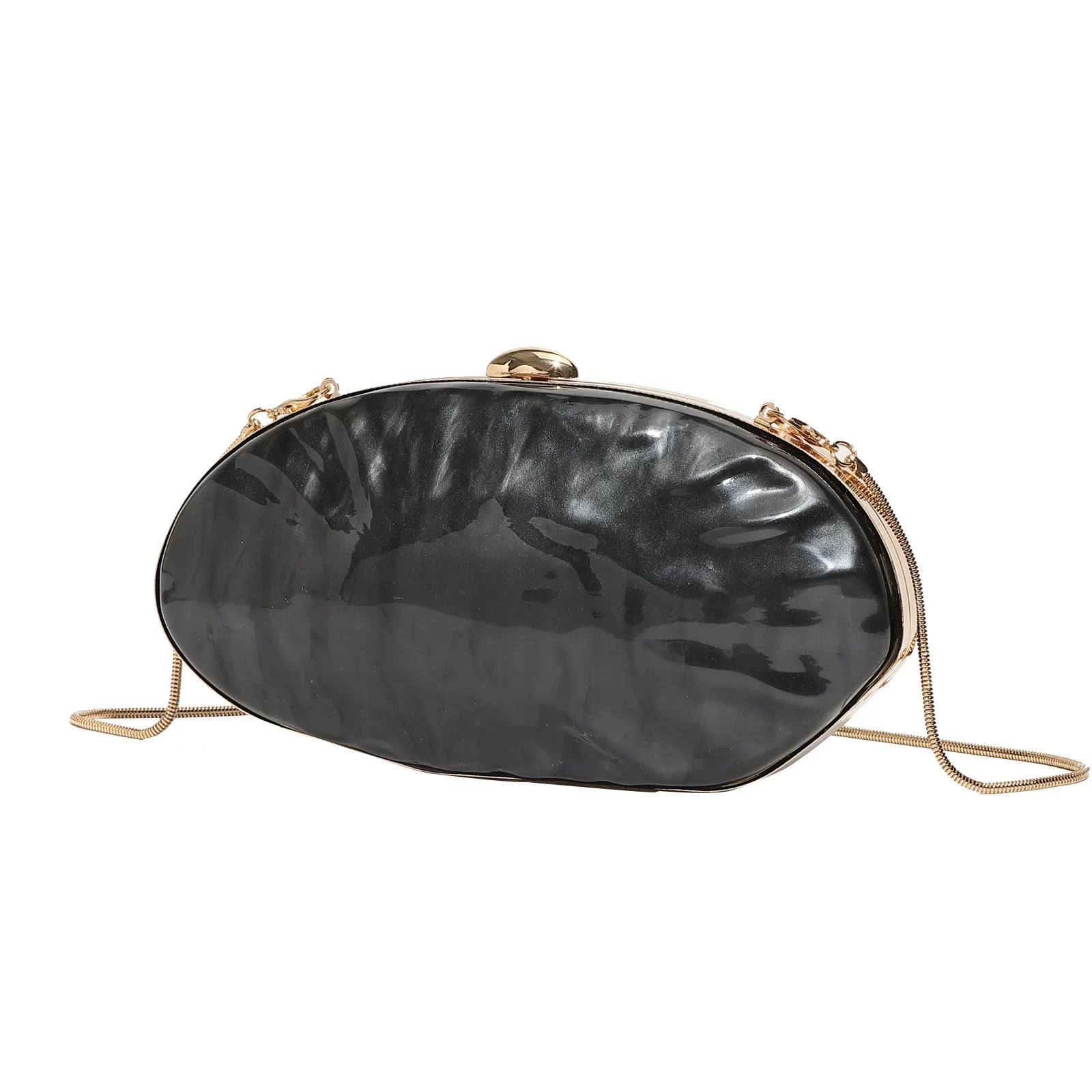 Elegant Pearl White Oval Evening Clutch – Gold Chain Shoulder Bag for Women