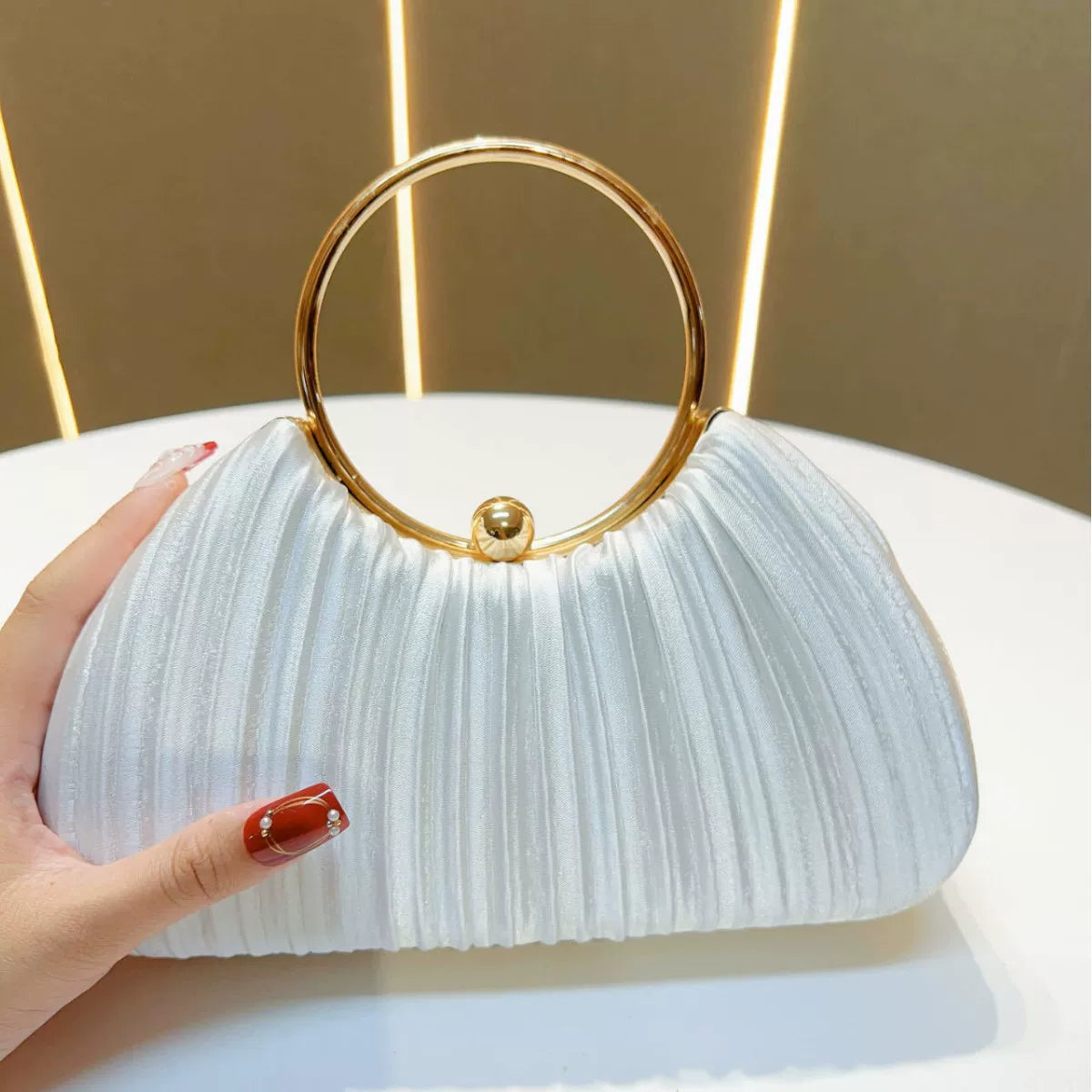 Women's Pleated Evening Handbag – Party Dress Bag with Ring Detail, Elegant KTV Princess Style