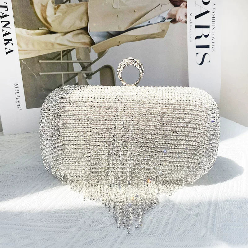2025 European and American Rhinestone Tassel Dinner Bag - Small Square Handbag for Evening Dress