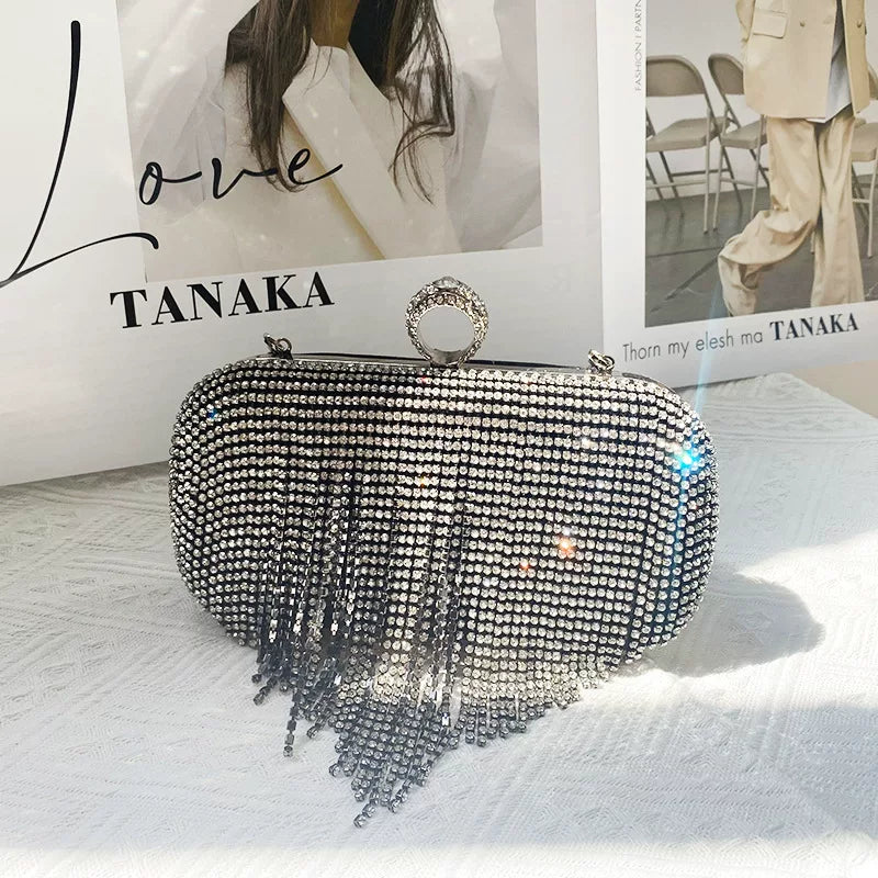 2025 European and American Rhinestone Tassel Dinner Bag - Small Square Handbag for Evening Dress