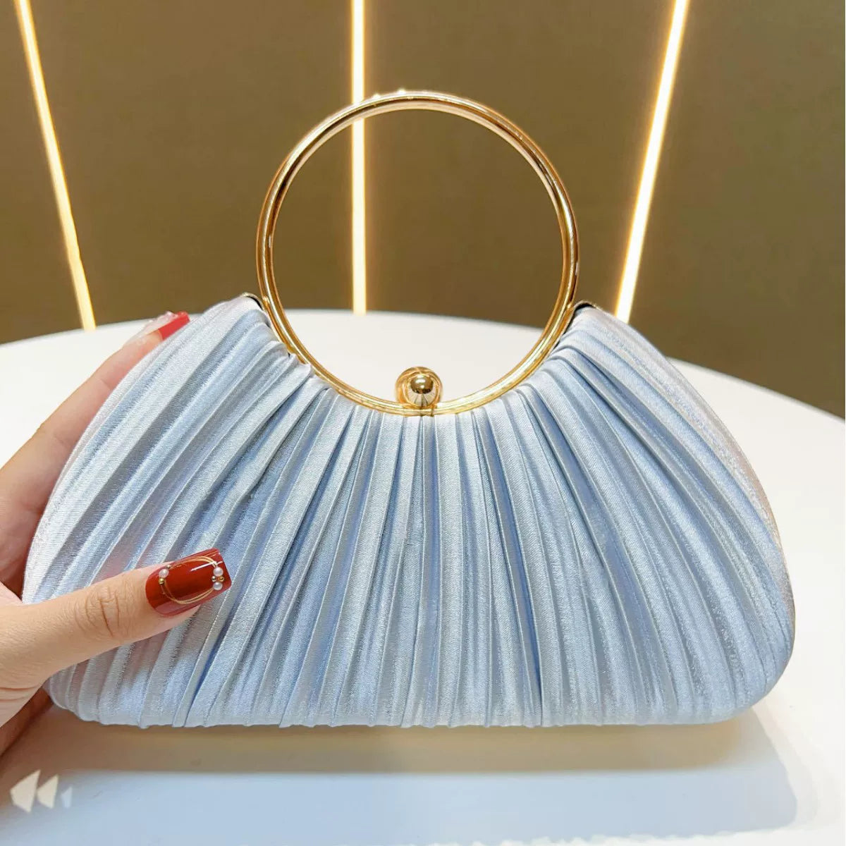 Women's Pleated Evening Handbag – Party Dress Bag with Ring Detail, Elegant KTV Princess Style