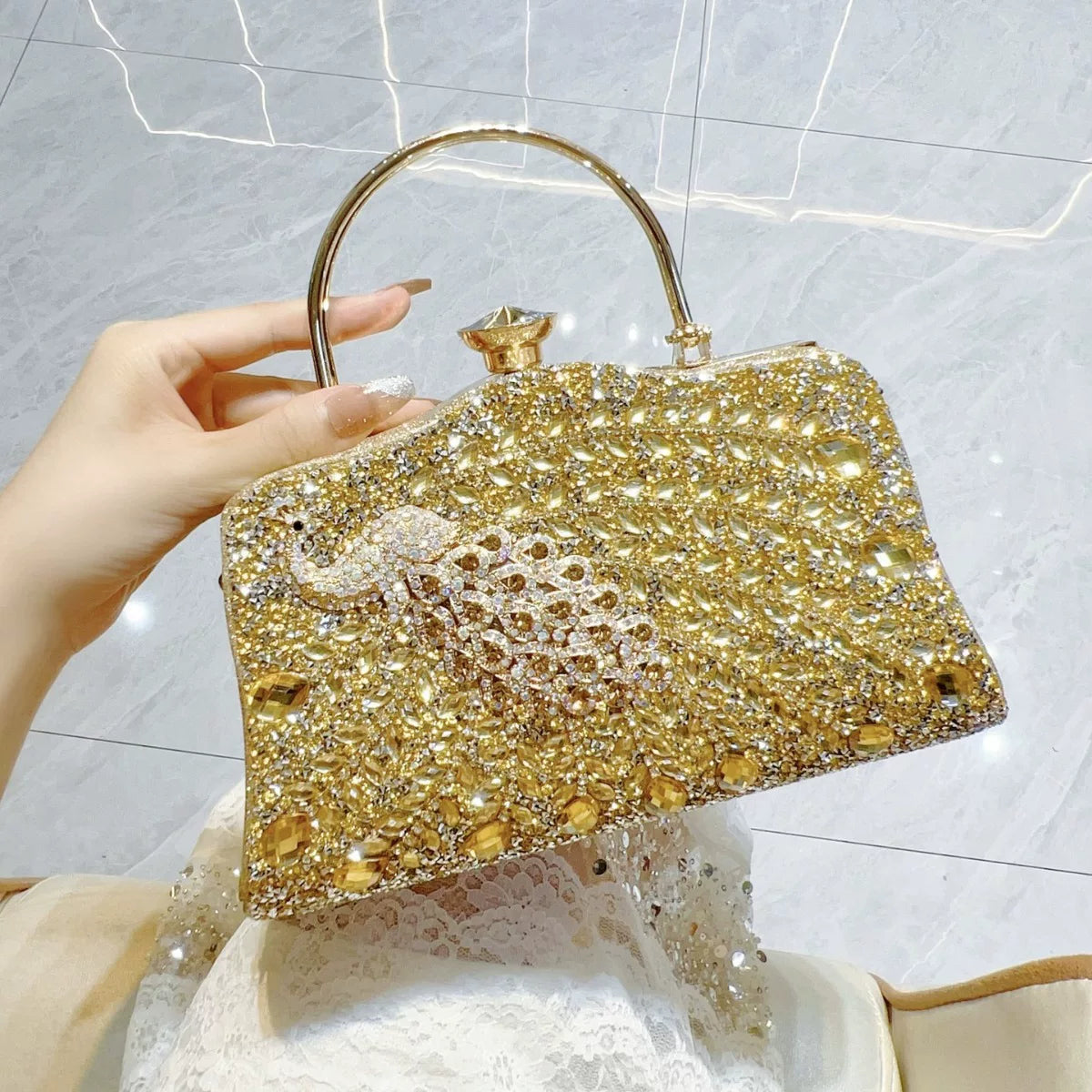 Peacock Rhinestone Evening Handbag for Women – Top Handle and Chain Strap Formal Clutch