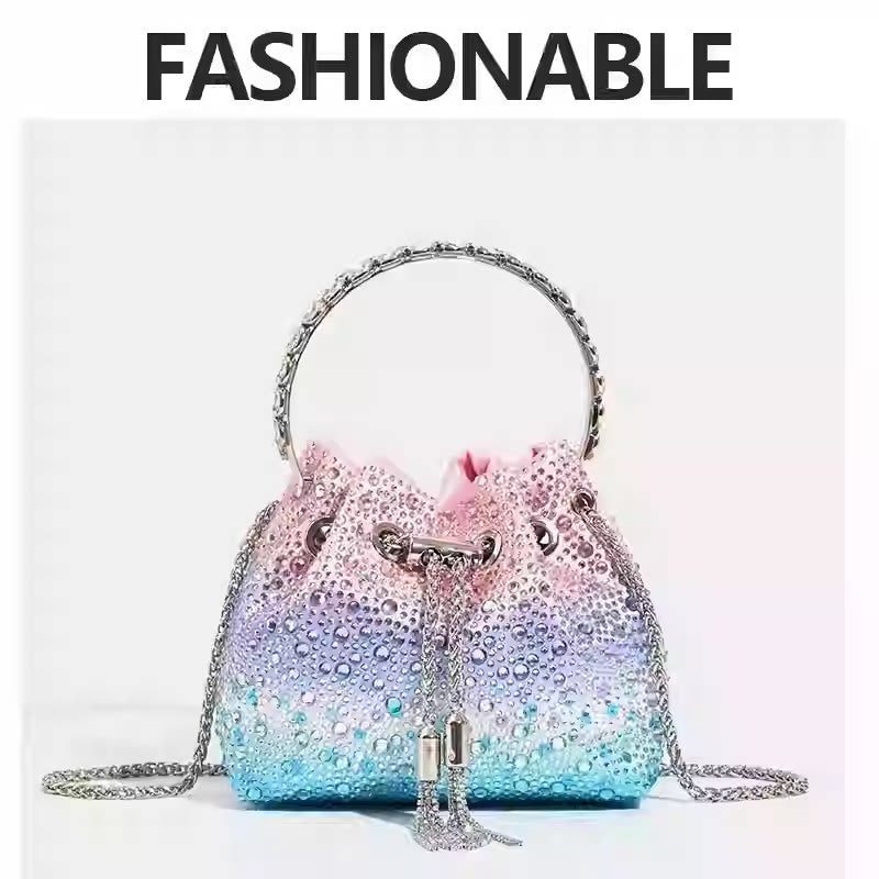Rhinestone Bucket Evening Bag for Women – Chain Strap Shoulder and Dinner Handbag