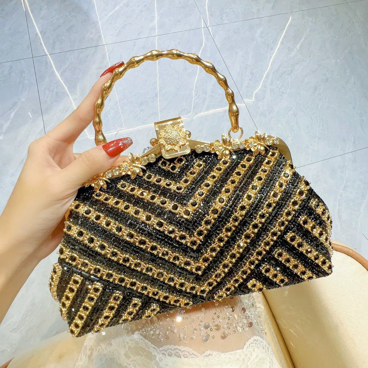 Rhinestone Evening Handbag for Women – Top Handle and Chain Strap Formal Clutch