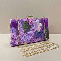 Elegant Purple Floral Sequin Evening Bag – Gold Chain Clutch for Women