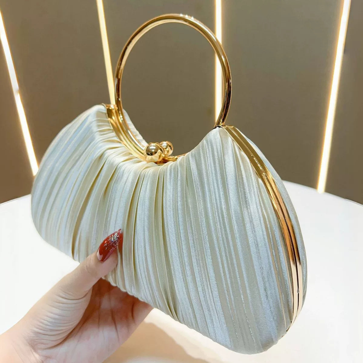 Women's Pleated Evening Handbag – Party Dress Bag with Ring Detail, Elegant KTV Princess Style