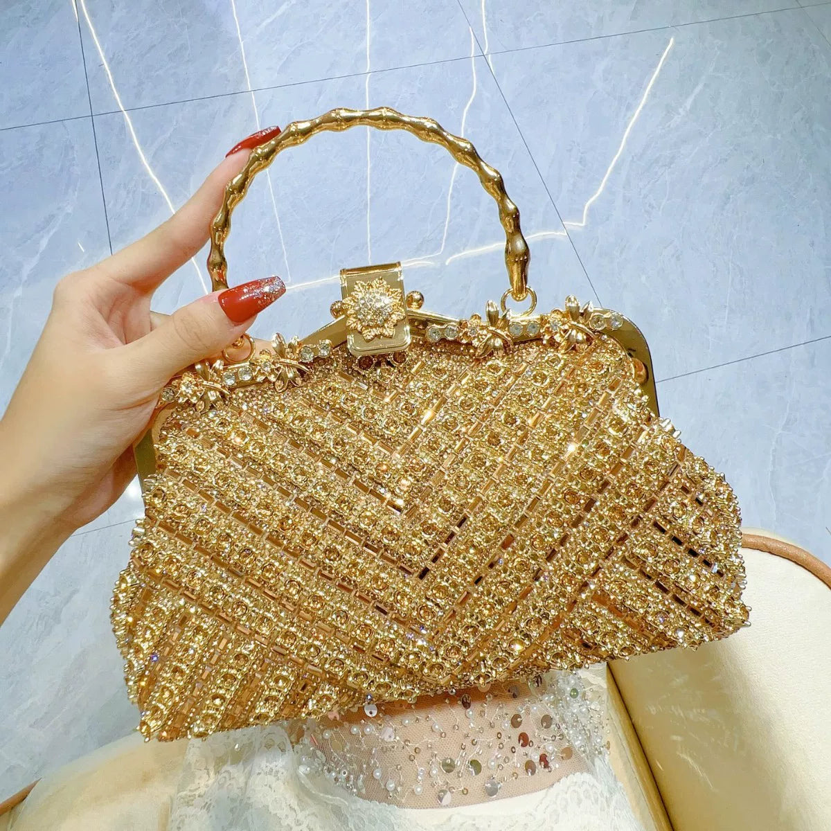 Rhinestone Evening Handbag for Women – Top Handle and Chain Strap Formal Clutch