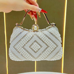 Pearl-Inlaid Diamond Evening Clutch with Chain Strap for Banquet and Formal Events