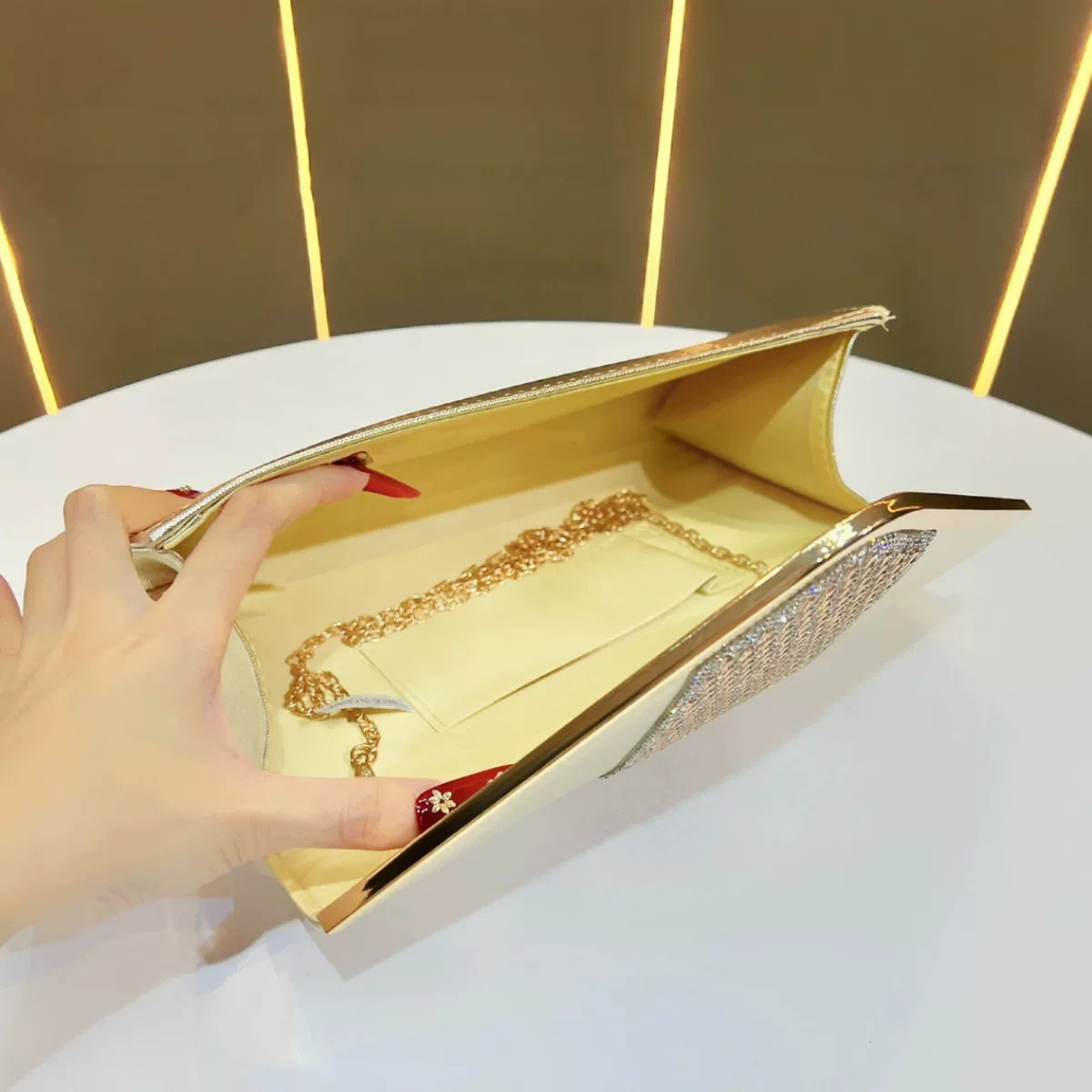 Elegant Gold Metallic Clutch – Rhinestone Detail Evening Bag for Women