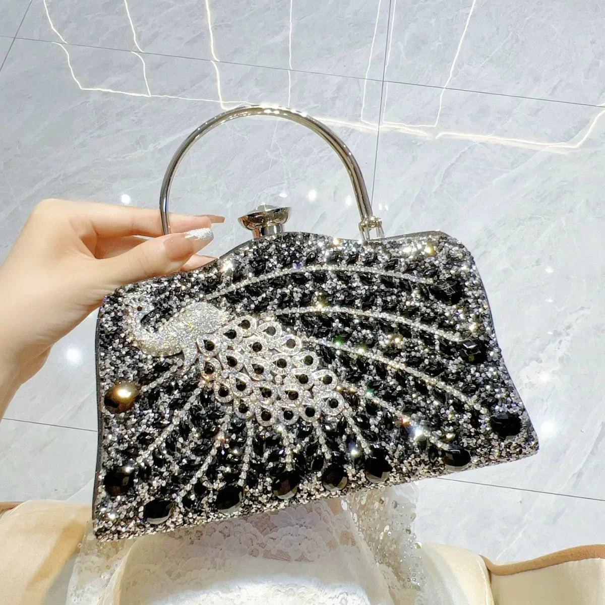 Peacock Rhinestone Evening Handbag for Women – Top Handle and Chain Strap Formal Clutch