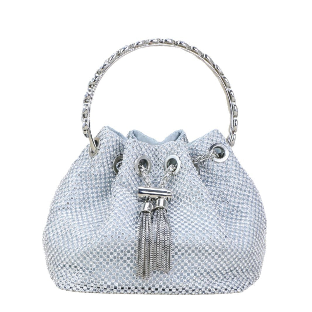 Silver Rhinestone Drawstring Evening Bag – Metallic Chain Handle Clutch for Women