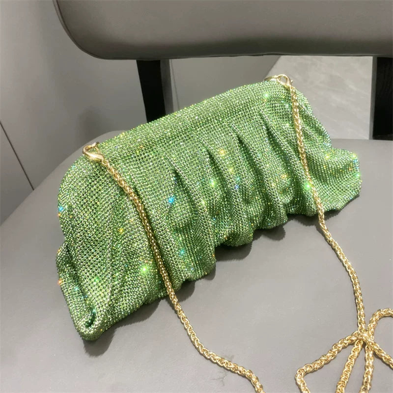 Women's Rhinestone Pleated Evening Bag – One-Shoulder, Crossbody Shiny Clutch for Formal Events
