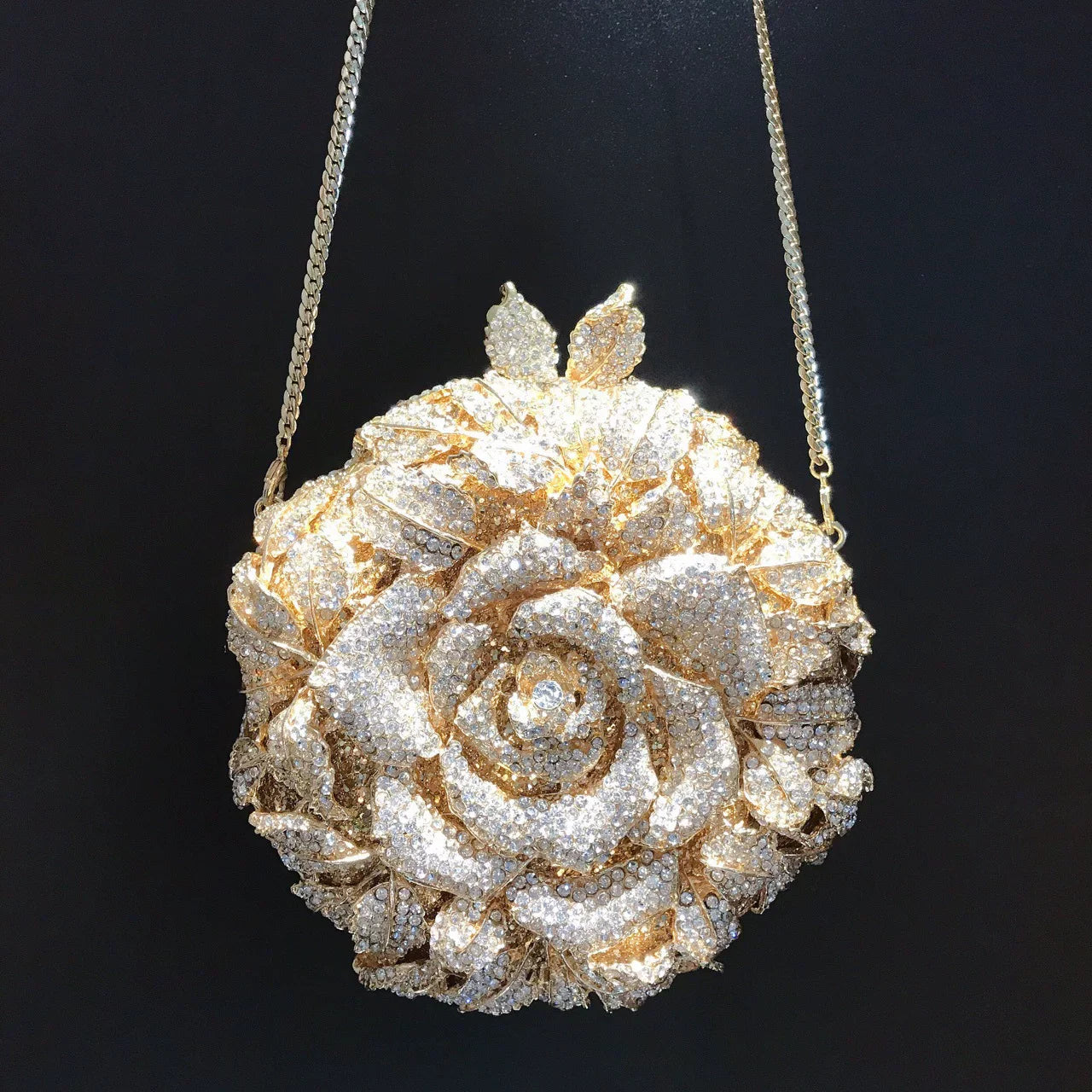 Diamond Dinner Bag – European and American Flower Cosmetic Bag, Small Round Banquet Handbag with Chain