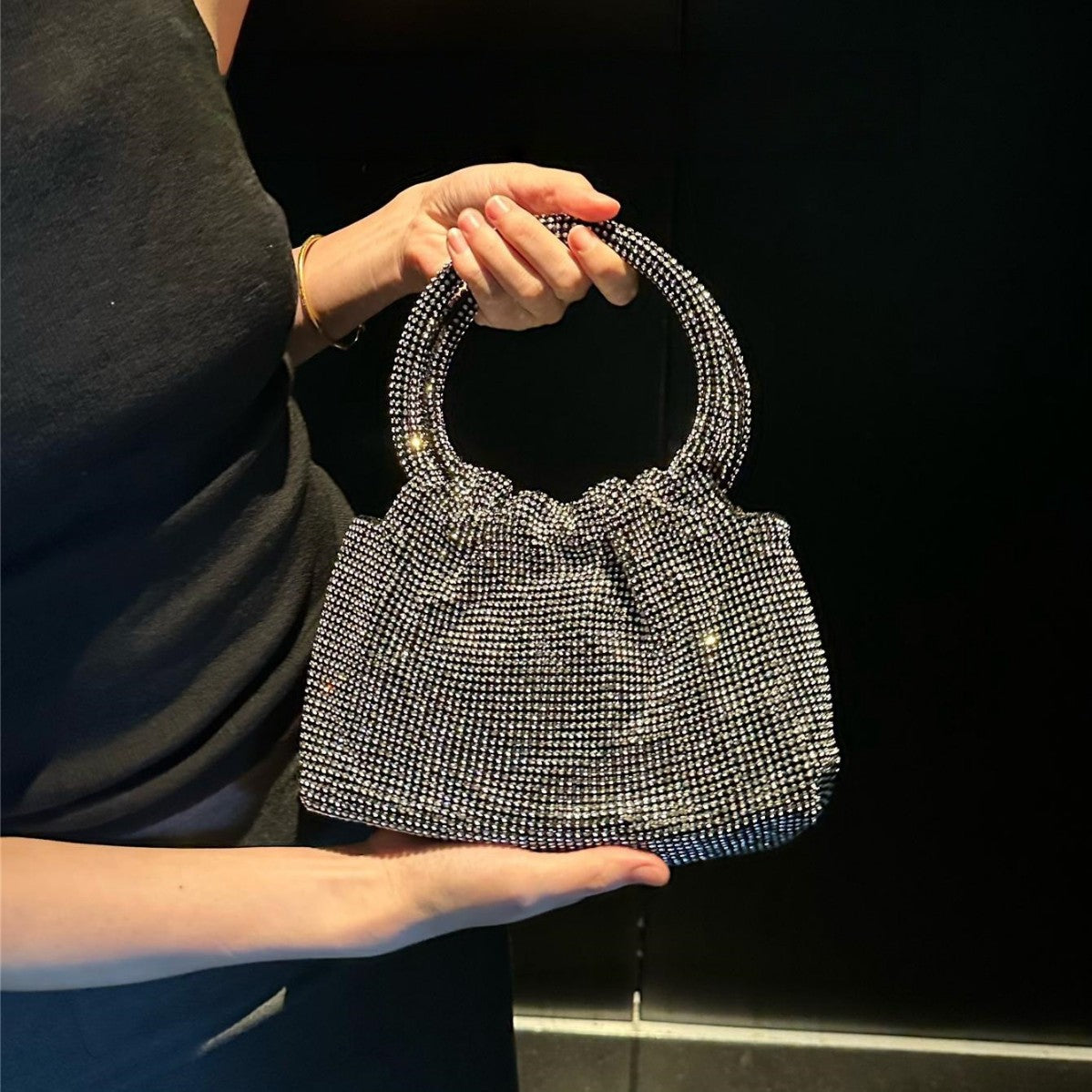 Rhinestone Evening Clutch with Shiny Ring Detail, Handheld or Crossbody Design