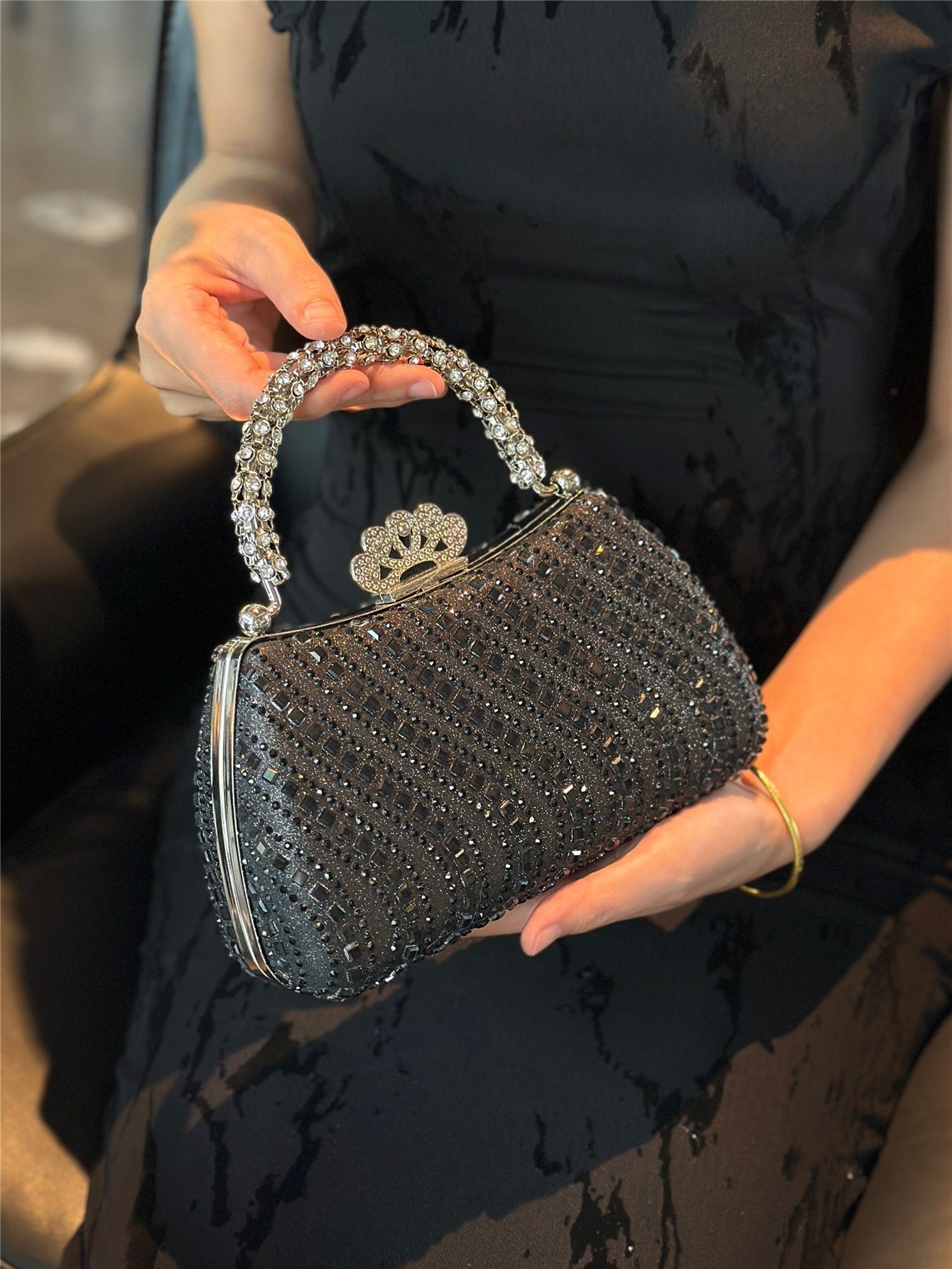 Elegant Pearl and Rhinestone Evening Bag – Beaded Handbag with Crown Handle for Women