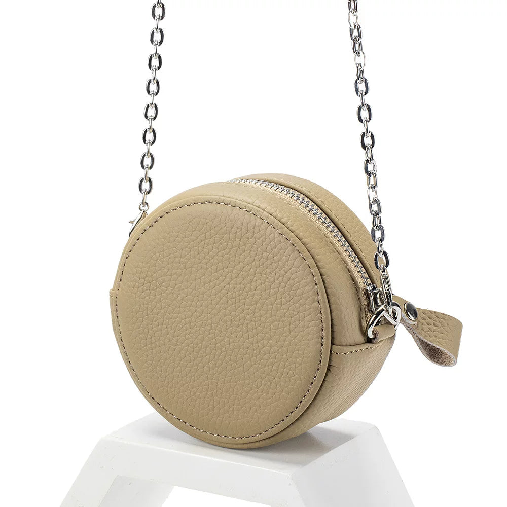 New Genuine Leather Round Mini Chain Shoulder Crossbody Bag – Women’s First Layer Cowhide Portable Powder Storage Bag