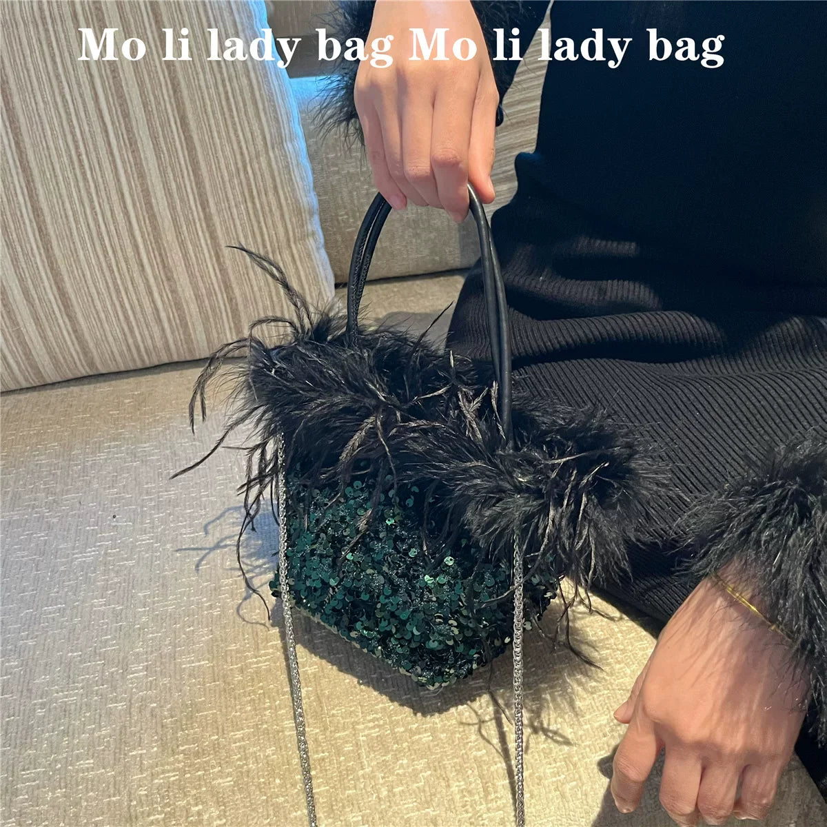 2025 Sequin Dinner Bag with Ostrich Feather - Handheld, Shoulder, and Crossbody Party Bag for Women