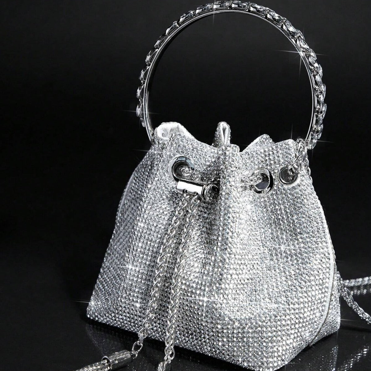 Silver Rhinestone Drawstring Evening Bag – Metallic Chain Handle Clutch for Women