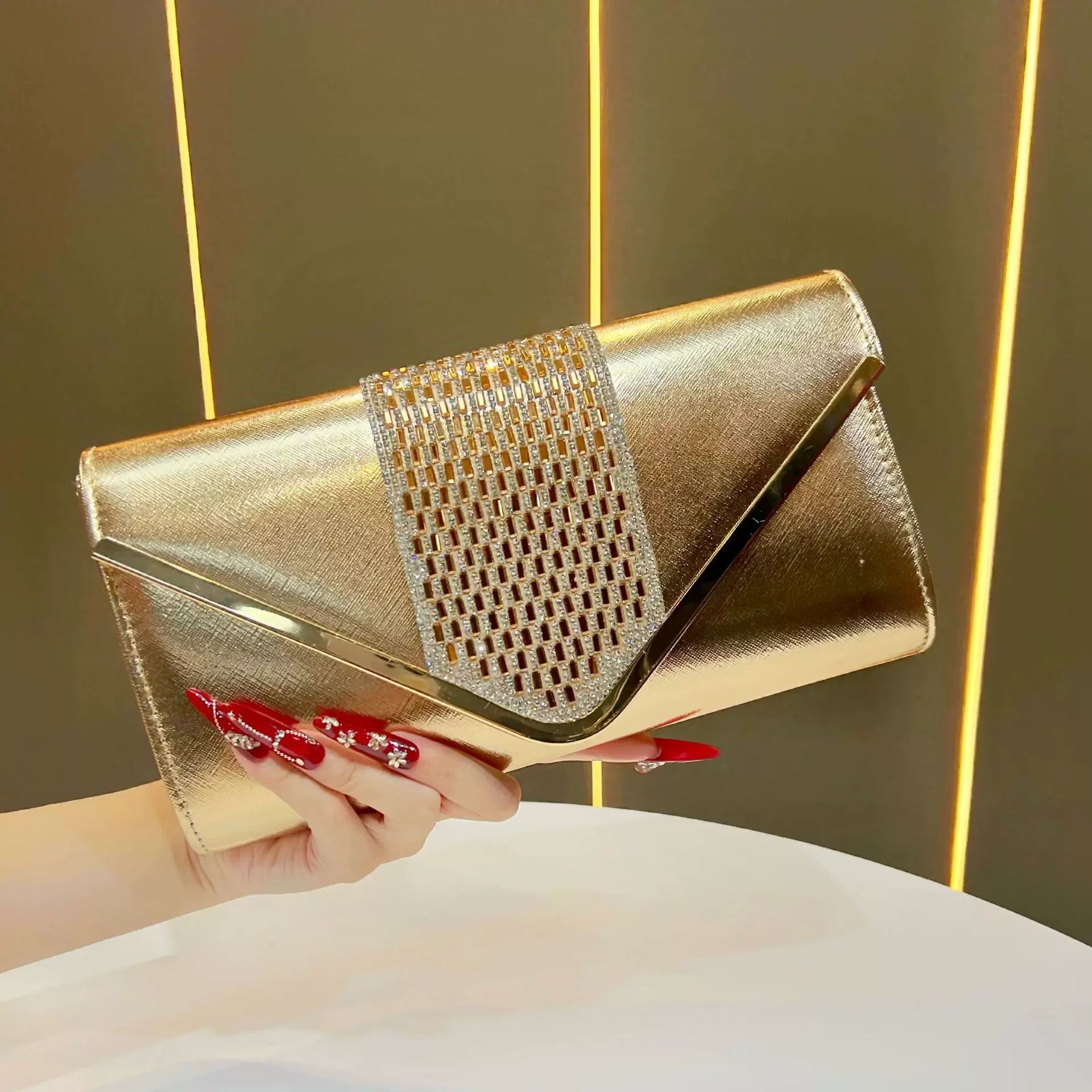 Elegant Gold Metallic Clutch – Rhinestone Detail Evening Bag for Women