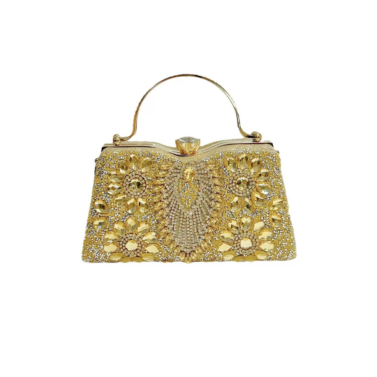 Gold Rhinestone Evening Clutch for Women – Crystal Floral Formal Wedding Handbag