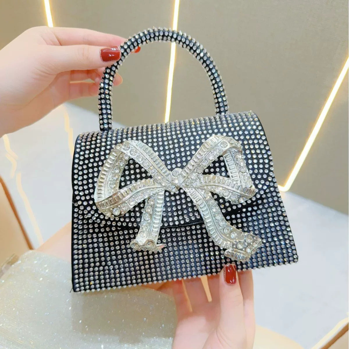 Rhinestone Bow Evening Bag for Women – Chain Strap Shoulder & Crossbody Handbag