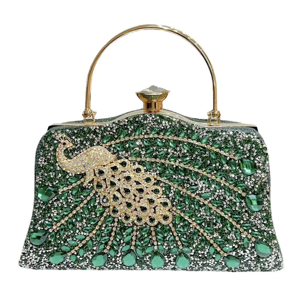 Peacock Rhinestone Evening Handbag for Women – Top Handle and Chain Strap Formal Clutch