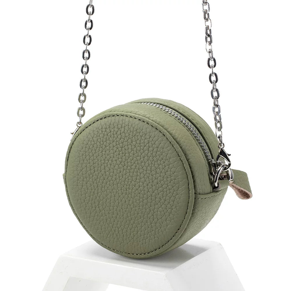 New Genuine Leather Round Mini Chain Shoulder Crossbody Bag – Women’s First Layer Cowhide Portable Powder Storage Bag